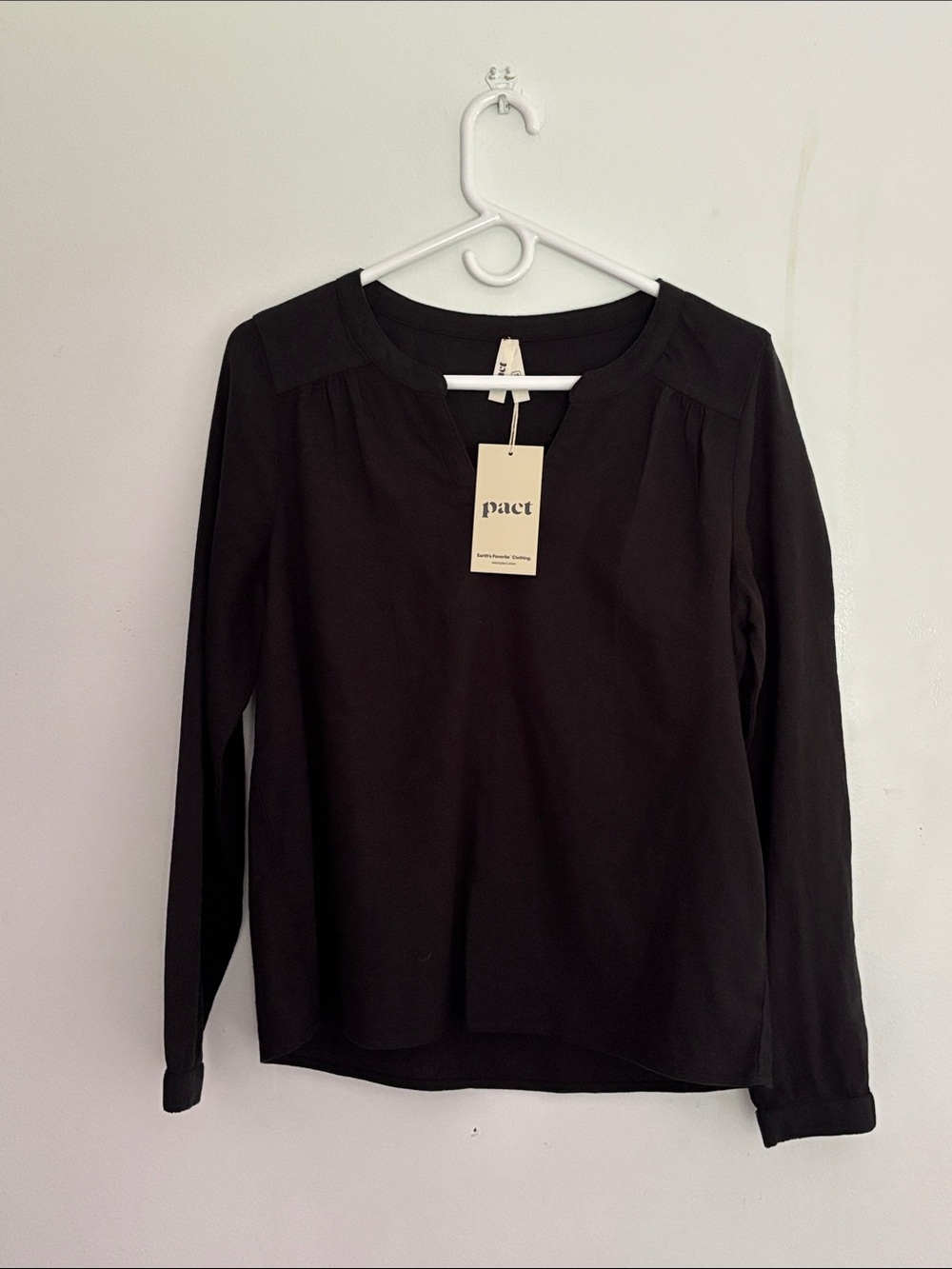 Pact Long Sleeve 100% Organic Cotton Blouse Tunic Shirring Detail Black XS NWT